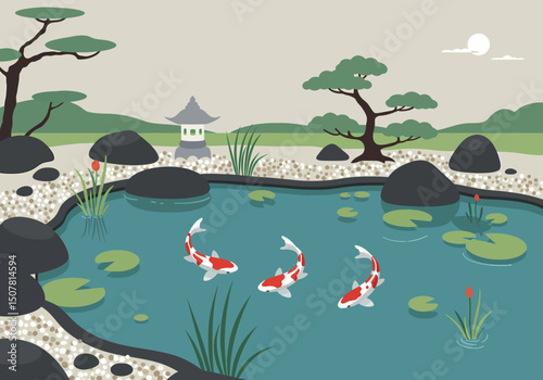 Koi Fish Pond Tranquil Garden Scene with Pagoda