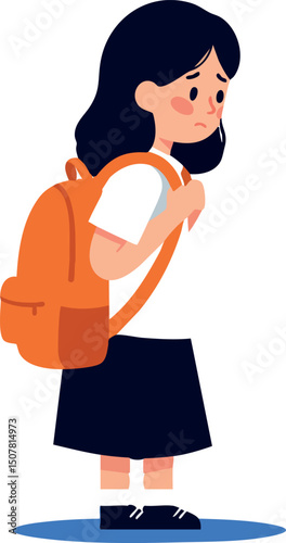 Sad schoolgirl with orange backpack standing alone vector illustration