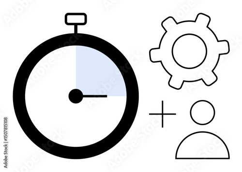 Stopwatch with highlighted time segment, gear, and user icon plus symbol connecting elements. Ideal for workflow, planning, collaboration, efficiency, management strategy productivity. Flat simple
