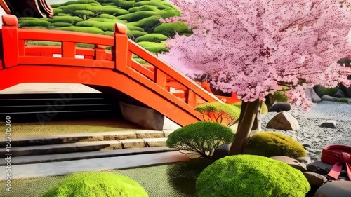 Red traditional Japanese obi resting on pebbles in a beautiful zen garden with cherry blossom and a temple structure in the background.
