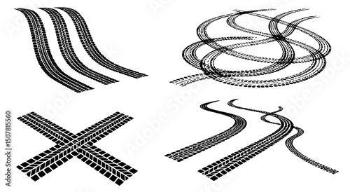 Tire tracks after skidding, launch, drift, powerslide in motorsport, rally, off-road, motocross. Wheel texture with splash effect. Vector, transparent PNG version.