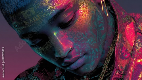 Neon Face Art Portrait.