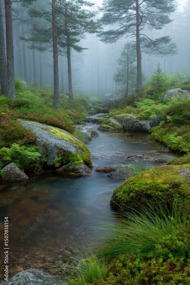 Obraz premium Misty Forest Stream With Rocks And Trees