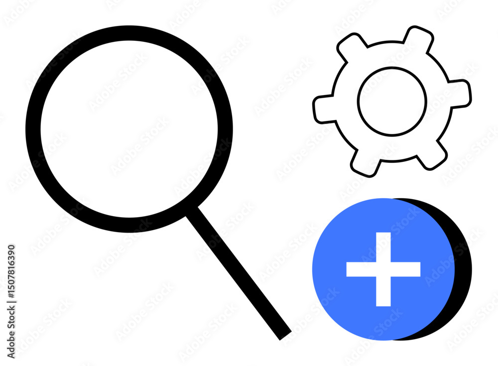 Magnifying glass, gear, and blue plus sign conveying search, settings, and addition concepts. Ideal for technology, analysis, customization growth usability innovation. Simple flat metaphor Magnifying glass, gear, and blue plus sign conveying search, settings, and addition concepts. Ideal for technology, analysis, customization growth usability innovation. Simple flat metaphor