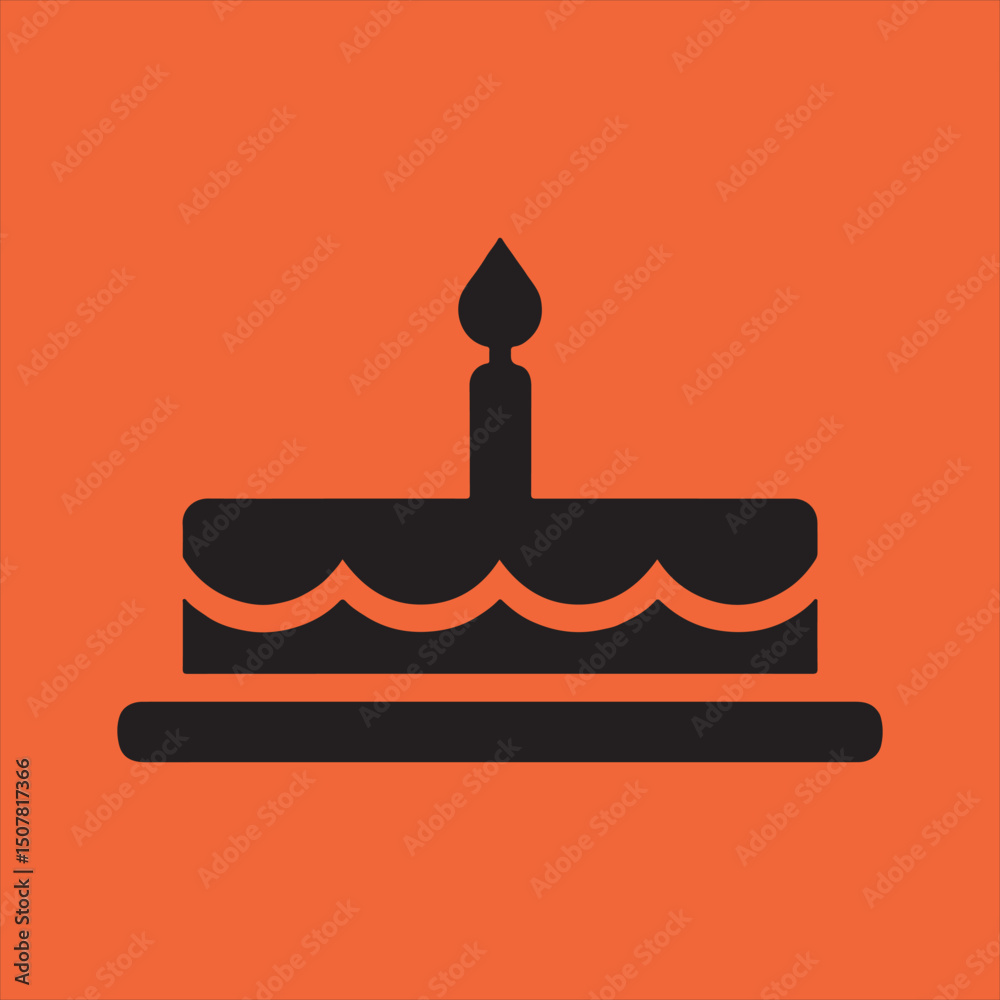 Fototapeta premium Simple black cake icon with candle on orange background