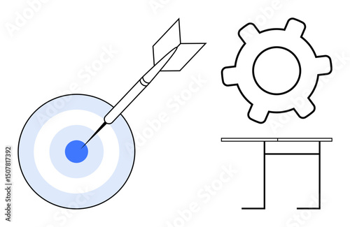 Dart hits bullseye on target, gear outlines process and desk symbolizes work environment. Ideal for goal setting, productivity, precision, planning, development, workplace efficiency focus. Flat