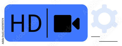 HD text next to a camera icon, separated by a vertical line on a blue background, accompanied by a pale gear representing settings. Ideal for media, quality, technology, video production, motion