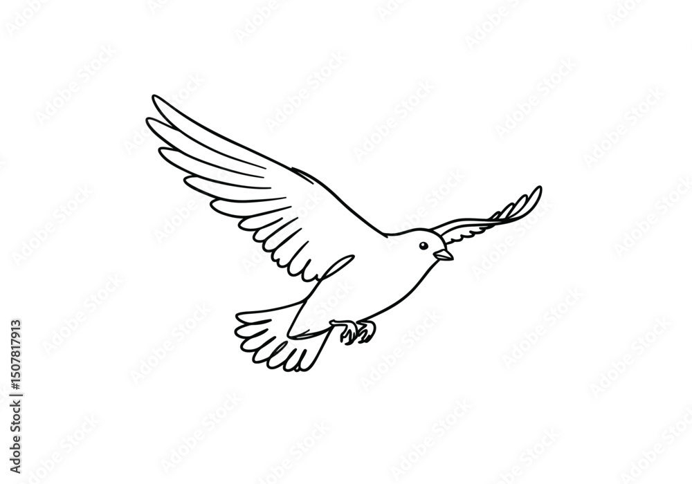 Fototapeta premium Bird freedom drawing. This black and white outline depicts a bird in mid-flight with its wings spread, symbolizing freedom, liberation, and soaring through the sky. Vector sketch line art draw.