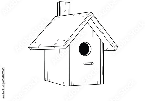 Bird house drawing. This black and white outline illustrates a classic wooden birdhouse, a simple shelter for nesting birds, with an entry hole and perch. Vector sketch line art draw.