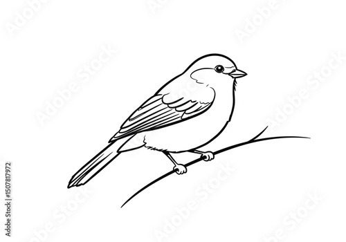 Bird on a branch drawing. This black and white outline shows a small bird perched calmly on a branch, a common and peaceful scene in nature. Vector sketch line art draw.