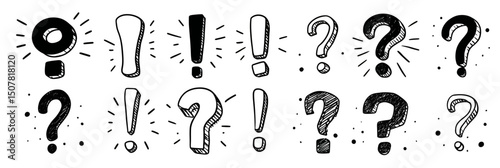 Hand Drawn Doodle Exclamation Point and Question Mark Set Sketch Style Vector Illustration