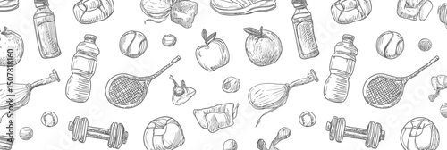 Hand Drawn Gym Sketch Seamless Pattern � Doodle Style Healthy Sport and Fitness Equipment Background with Tennis Ball, Bottle, Dumbbell Vector Illustration