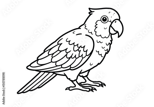 Cartoon parrot drawing. This black and white outline features a cheerful cartoon parrot, ready for coloring and depicting a common tropical bird. Vector sketch line art draw.