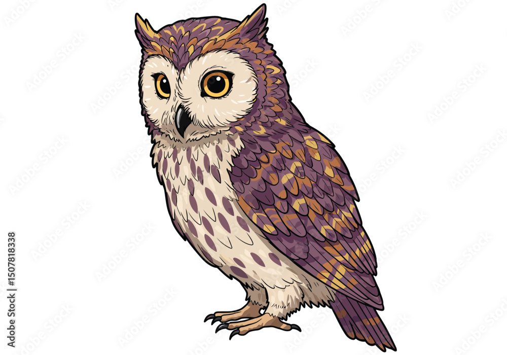 Naklejka premium Color owl drawing. This full-color illustration depicts a detailed owl, showcasing its intricate feather patterns and large, watchful eyes. Vector sketch line art draw.