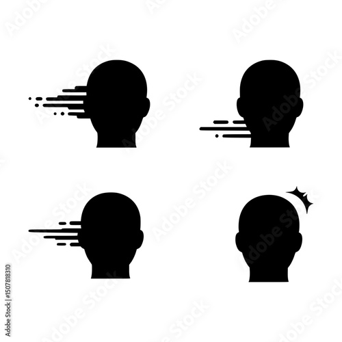 Set of Black Head Silhouettes with Motion and Impact Effects Representing Speed, Thought, and Injury
