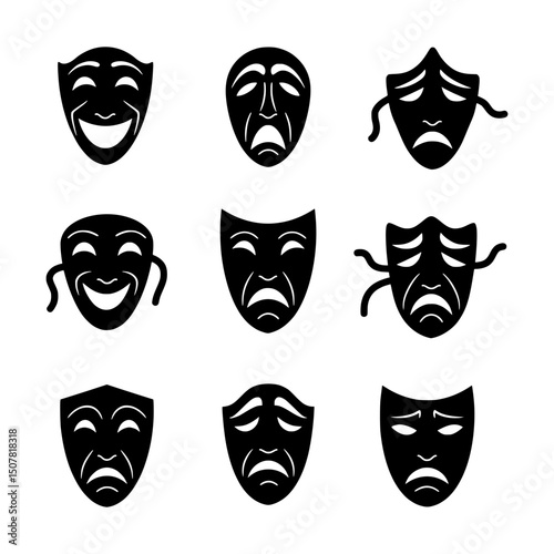Collection of Black Comedy and Tragedy Masks Representing Theatre, Drama, and Emotional Expression