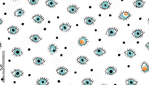 Whimsical Eye Doodle Seamless Pattern � Hand Drawn Winking & Open Eyes in Minimal Sketch Style � Abstract Pop Art Beauty Background Vector Illustration