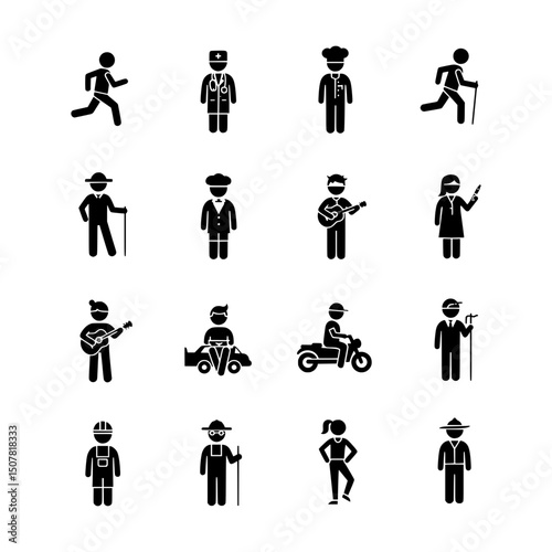 Diverse Collection of Black Stick Figure Icons Representing Various Professions, Activities, and Lifestyles