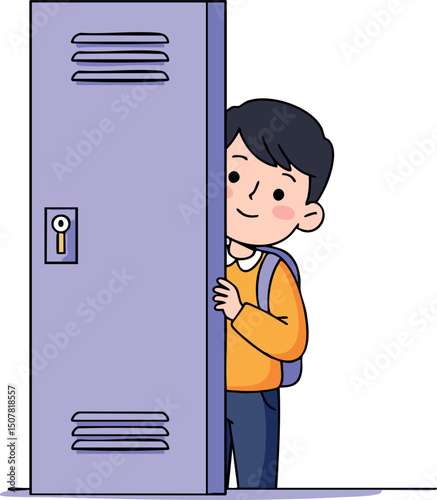 Boy Peeking from Purple School Locker Illustration with Backpack and Orange Sweater