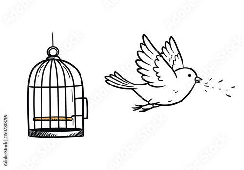 Freedom bird cage drawing. This black and white outline depicts a bird flying out of an open birdcage, symbolizing freedom and escape. Vector sketch line art draw.