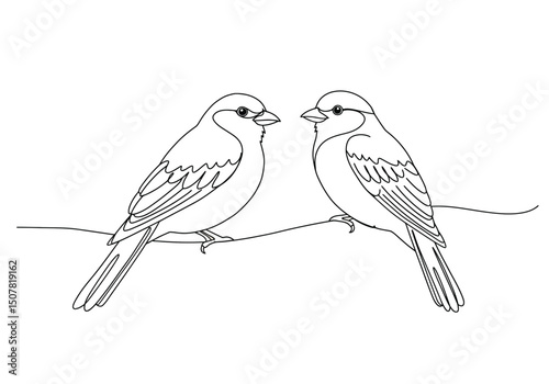 2 bird drawing. This black and white outline features two charming birds perched on a branch, ideal for coloring or as a simple nature illustration. Vector sketch line art draw.