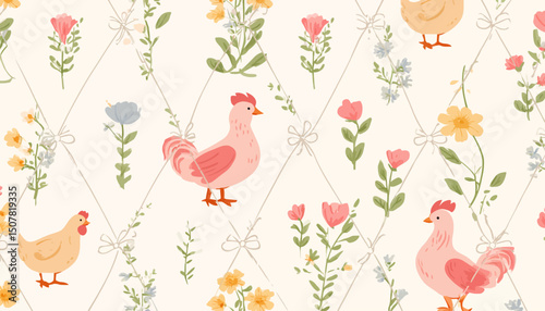 Coquette Floral Trellis Pattern � Charming Bows, Cottagecore Animals, and Spring Blooms for Fabric, Wallpaper, and Wrapping Paper