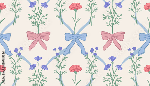 Hand-Drawn Floral Trellis Pattern with Bows � Elegant Botanical Seamless Print for Fabric, Wallpaper & Wrapping Paper