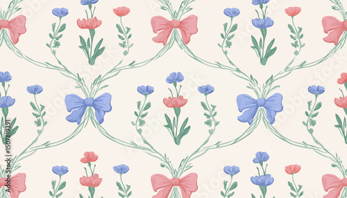 Hand-Drawn Floral Trellis Pattern with Bows � Elegant Botanical Seamless Print for Fabric, Wallpaper & Wrapping Paper
