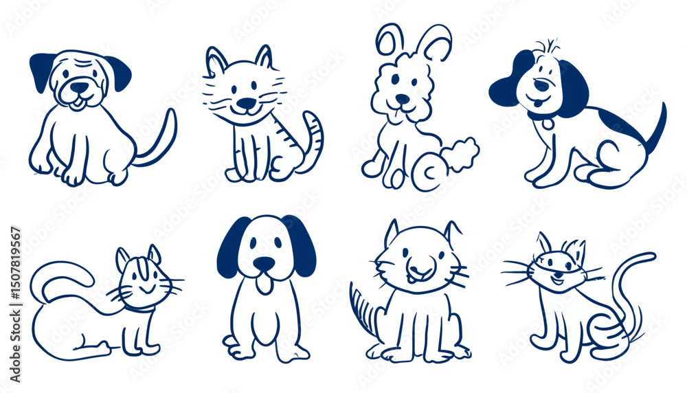Fototapeta premium Funny Pets Vector Illustration � Dogs and Cats in Trendy Flat Simple Linear Style, Mascots and Cartoon Characters, Friendly Stickers and Badges for Advertising and Social Media