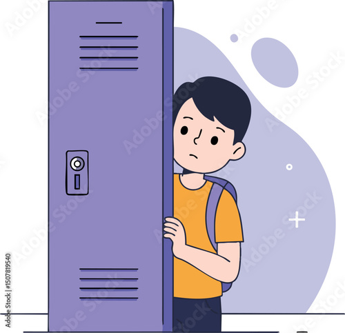 Boy hiding behind purple school locker illustration with backpack in shy pose vector