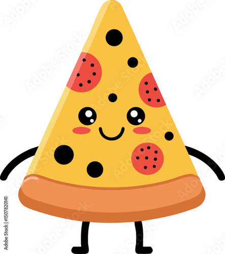 Cartoon pizza slice with pepperoni and smiling face vector illustration design