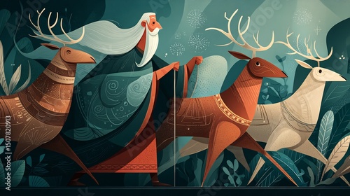 Winter Solstice Magical Elder with Reindeer.
