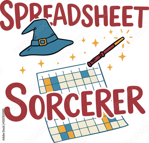 Spreadsheet sorcerer wizard hat magic wand creative office humor vector illustration