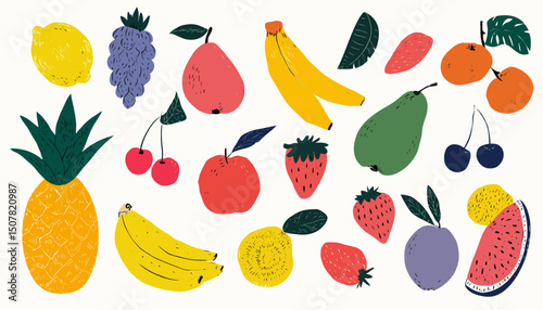 Playful Fruit Doodle Collection � Hand-Drawn Tropical and Seasonal Berries in Colorful Abstract Style