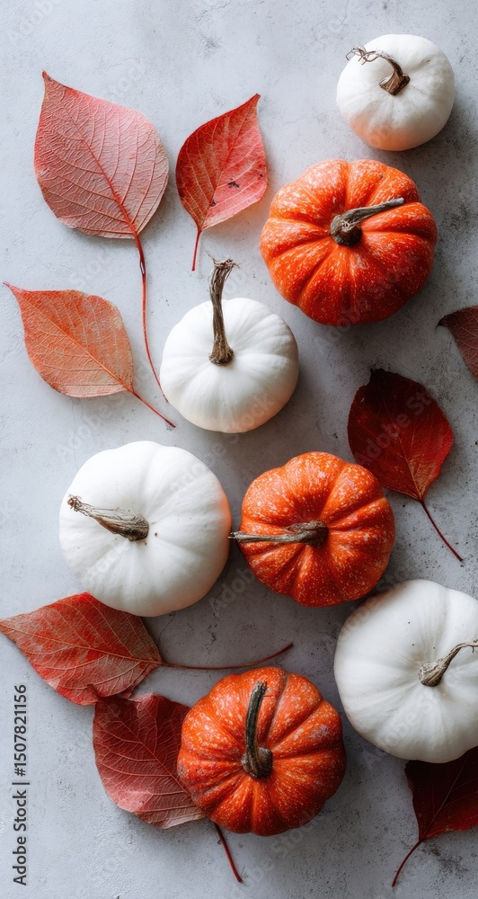 Fototapeta premium Autumn Display Of Small Pumpkins And Leaves