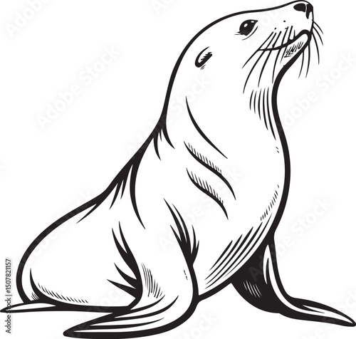 Sea Lion Vector Illustration, Sketch Drawing Line Linear Symbol Icon Engraving Coloring Book, Hand-drawn Black and White Isolated