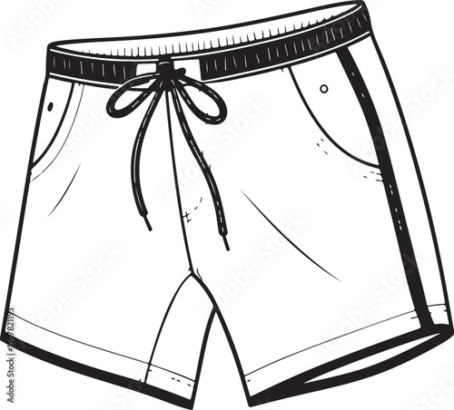Swim Trunks Swimwear Beach Shorts Vector Illustration, Sketch Drawing Line Linear Symbol Icon Engraving Coloring Book, Hand-drawn Black and White Isolated