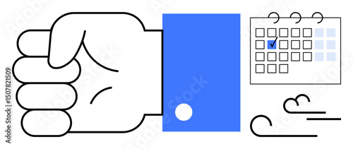 Clenched hand near a checked calendar emphasizes focus, determination, task completion, and time management. Ideal for goal setting, deadlines, productivity, organization, planning and motivation