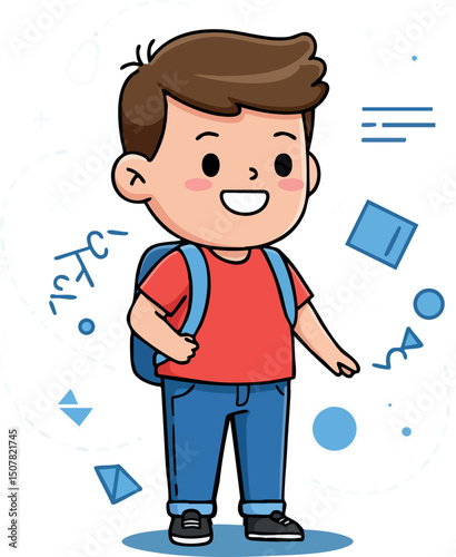 Happy schoolboy with backpack and casual clothes smiling vector illustration