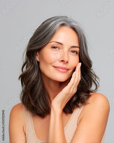 mature woman skincare smooth touch smiling