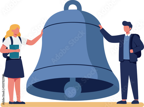 Large blue bell with man and woman standing beside in business attire vector illustration