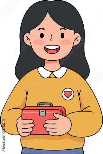 Girl holding red lunchbox in yellow sweater smiling happily vector illustration