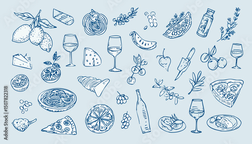 Hand-Drawn Italian Food Set � Sketch Style Mediterranean Icons with Pizza, Pasta, Wine, and Lemons for Summer Vacation Designs