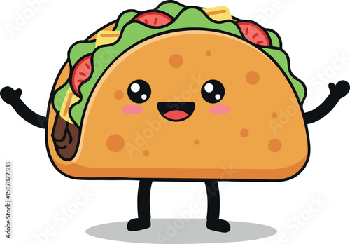 Cute smiling taco cartoon character with lettuce tomato and cheese toppings vector illustration