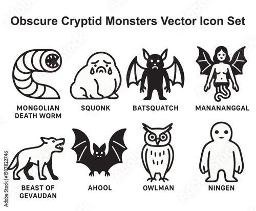 Obscure Cryptid Monsters Vector Icon Set – Surreal Minimalist Line Art in Black and White

