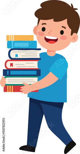 Boy carrying stack of colorful books smiling cheerful learning education concept