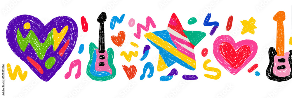 Hand Drawn Rock Punk Music Star and Grunge Heart Doodle Icon Set with Crayon Brush Stroke Sketch Style Vector Illustration
