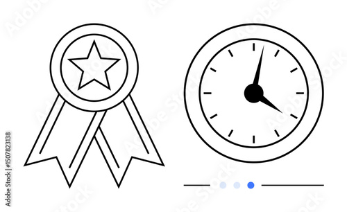 Award ribbon with a star and a clock with a ticking hand. Ideal for recognition, efficiency, success, deadlines, productivity, goal setting, and a simple landing page