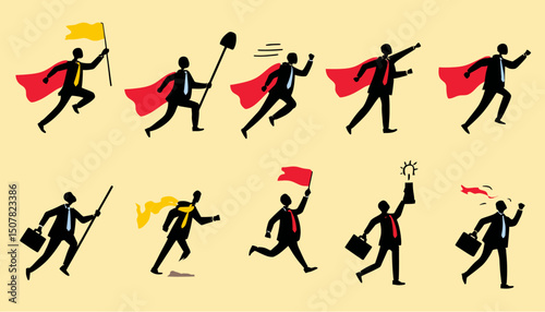 Superhero Businessman Pictogram Icon Set � Flying Stick Figure, Victory Worker, Employer Vector Illustration