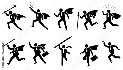 Superhero Businessman Icon Set � Flying Stick Figure Pictograms of Victory Worker, Employer and Corporate Hero Vector Illustrations